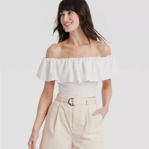 A New Day Women's Off the Shoulder Linen Smocked Crop Top White